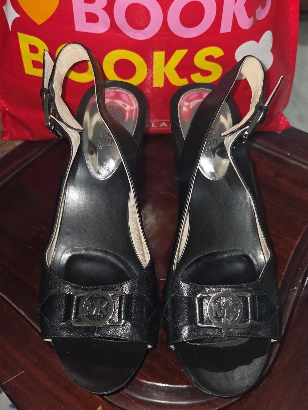 Michael Kors Black Leather Slingback Heels with MK Logo
